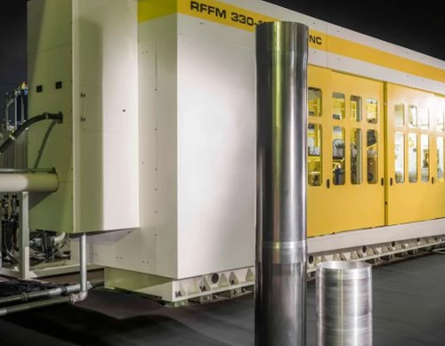 Repkon flowforming machine used to form cylindrical metal parts for ammunition production